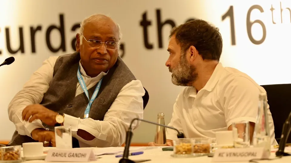 Mallikarjun Kharge and Rahul Gandhi at CWC meeting in Hyderabad