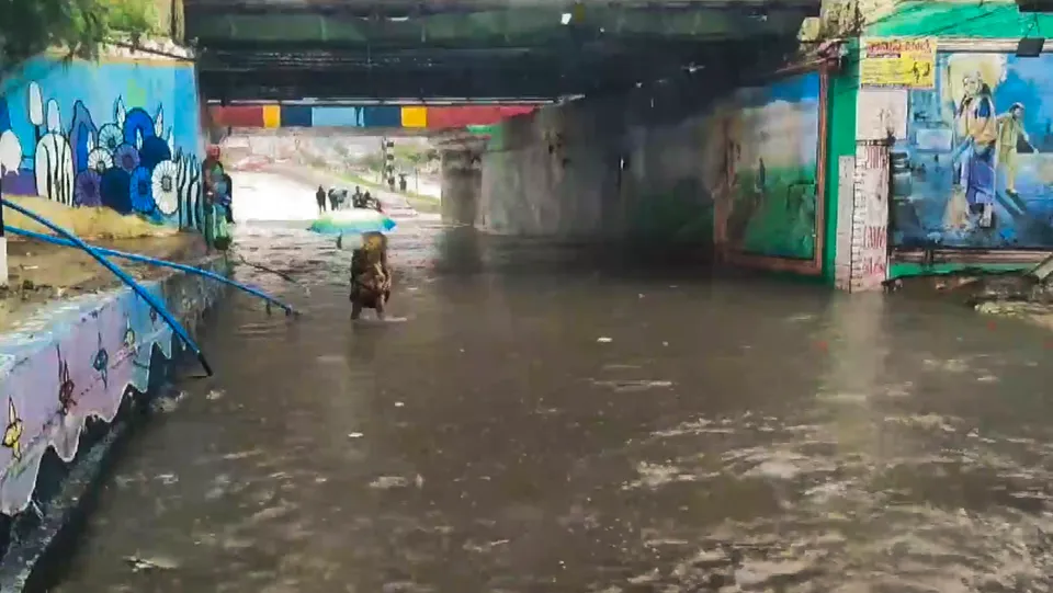 A waterlogged underpass after heavy rainfall owing to Cyclone Michaung, in Gudur