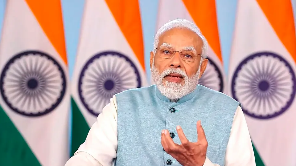Prime Minister Narendra Modi speaks during the launch of ‘Viksit Bharat @2047: Voice of Youth’