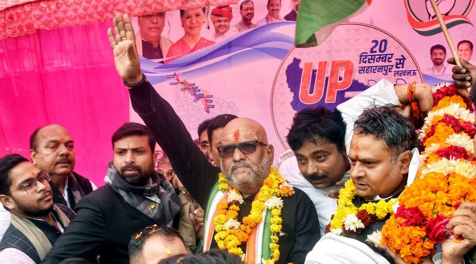 Uttar Pradesh Congress President Ajay Rai being welcomed by supporters during the party's 'Bharat Jodo Nyay Yatra', in Lucknow on January 6, 2023