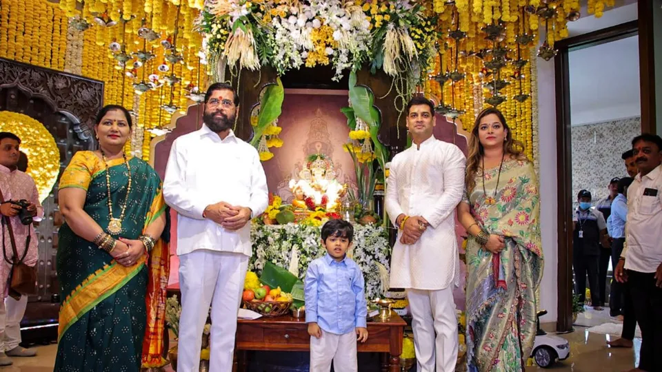 Maharashtra Chief Minister Eknath Shinde with family during Ganesh Chaturthi celebration, in Mumbai, Saturday, Sept. 7, 2024