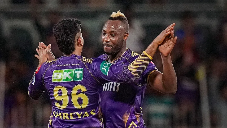 Kolkata Knight Riders' Mitchell Starc with teammates celebrates after taking the wicket of Sunrisers Hyderabad batter Abhishek Sharma during the Indian Premier League (IPL) 2024 final cricket match between Sunrisers Hyderabad and Kolkata Knight Riders at MA Chidambaram Stadium, in Chennai, Sunday, May 26, 2024.