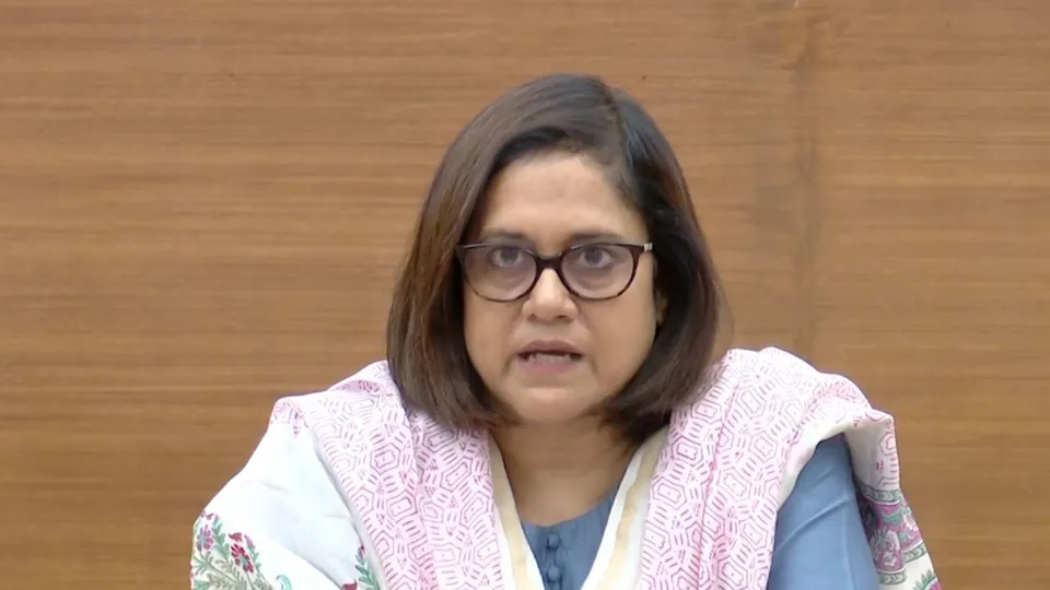Railway Board Chairperson Jaya Verma Sinha addresses a press conference regarding a collision between the Kanchanjungha Express and a goods train, near Rangapani railway station, in New Delhi, Monday, June 17, 2024.
