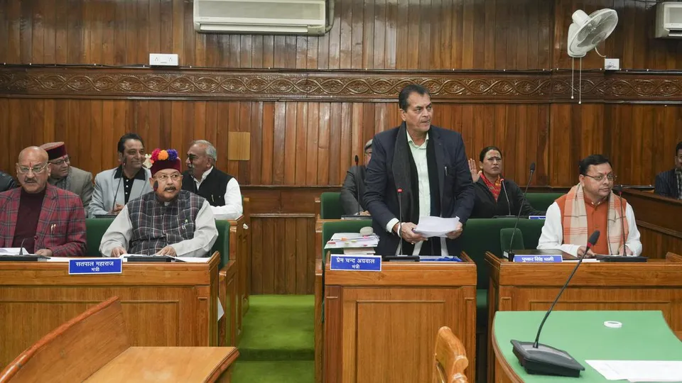 Uttarakhand Chief Minister Pushkar Singh Dhami with the Cabinet Ministers Prem Chand Aggarwal and Satpal Maharaj during the Assembly session in Dehradun on February 6, 2024