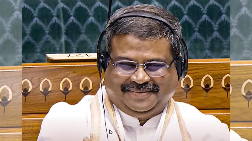 Union Minister Dharmendra Pradhan speaks in the Lok Sabha during the first day of the Parliament session, in New Delhi, Monday, July 22, 2024.