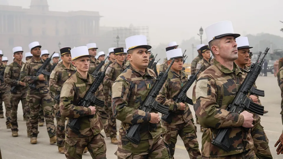 Marching contingent from France during rehearsal for the Republic Day Parade 2024, in New Delhi