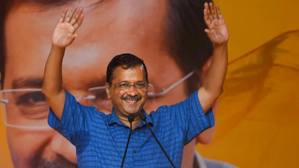 AAP convener and Delhi Chief Minister Arvind Kejriwal addresses the party's 'Samkalpa Sabha' in Guwahati on April 2