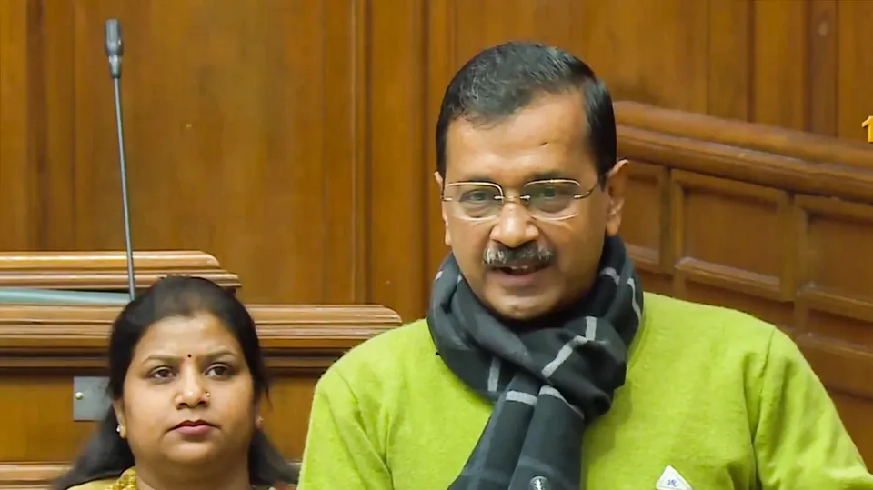 Delhi Chief Minister Arvind Kejriwal addresses the Delhi Legislative Assembly during the Budget session