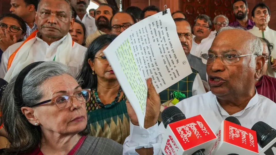 Leader of Opposition in Rajya Sabha Mallikarjun Kharge speaks to the media after Opposition staged a walkout from the House during ongoing Parliament session, in New Delhi, Wednesday, July 3, 2024.