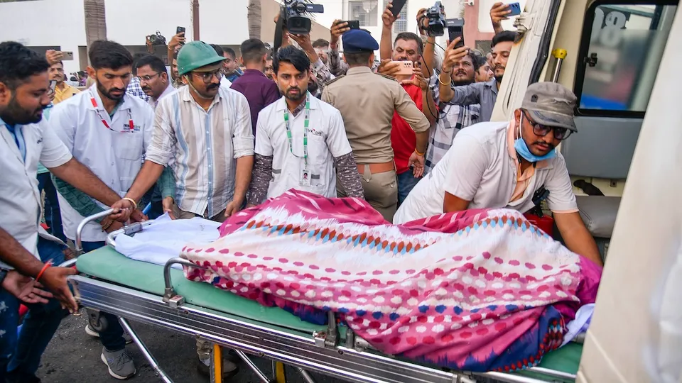 Injured being shifted to a hospital after a fire broke out in a gaming zone, in Rajkot, Saturday, May 25, 2024.