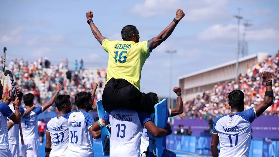 Goalkeeper Parattu Raveendran Sreejesh of India celebrates after his team won the Men's Bronze Medal Match between India and Spain at the Field Hockey competitions in the Paris 2024 Olympic Games, at the Yves-du-Manoir Stadium in Colombes, France, 08 August 2024.