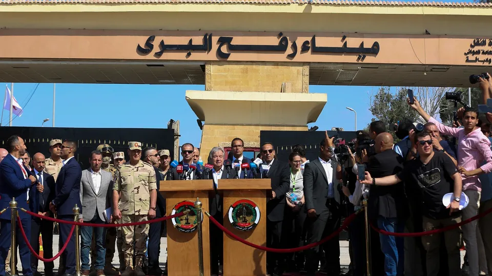 The UN Secretary-General Antonio Guterres speaks at the Rafah border crossing, Egypt, Friday