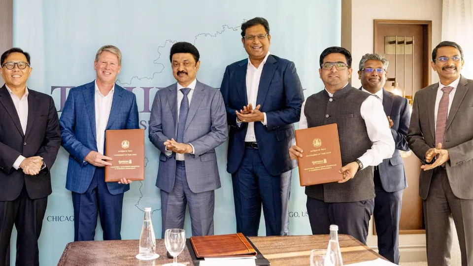 Tamil Nadu Chief Minister MK Stalin with officials after signing of an MoU between Autodesk and the Government of Tamil Nadu, in Chicago