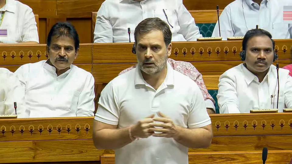 Leader of Opposition Rahul Gandhi speaks in the Lok Sabha during ongoing Parliament session, in New Delhi
