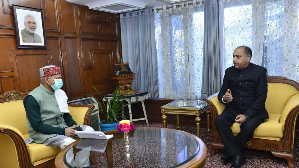 Himachal Pradesh Governor Shiv Pratap Shukla during a meeting with Leader of Opposition in the state Assembly Jairam Thakur, at Raj Bhavan, in Shimla