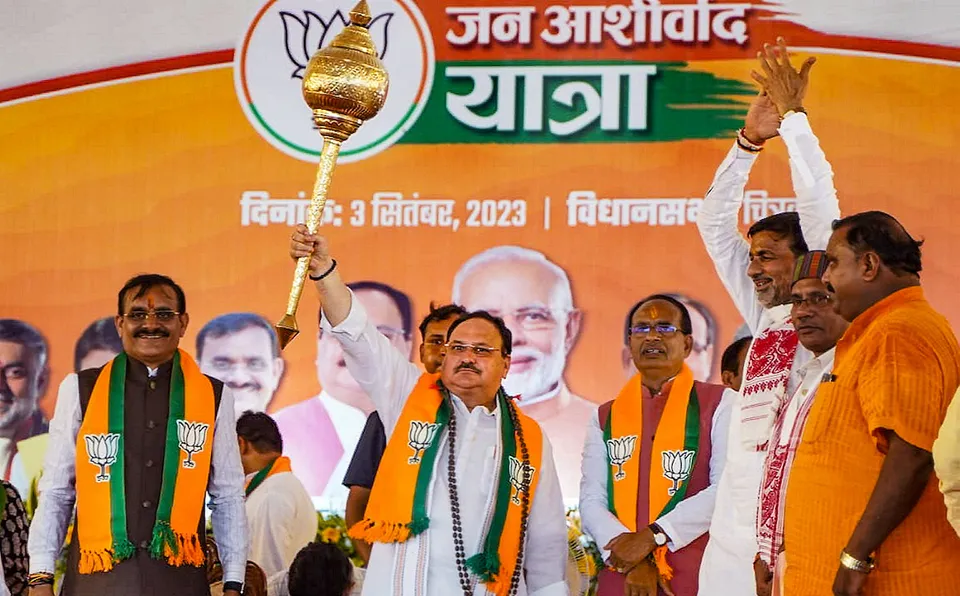 Shivraj Singh Chouhan, BJP National President J.P. Nadda and State BJP President V.D. Sharma during the inauguration of 'Jan Ashirwad Yatra', in Satna, Sunday, Sept. 3, 2023