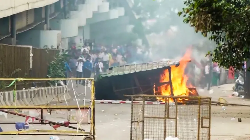 Security personnel during a clash with students who were protesting over recent violence, Imphal, Tuesday, Sept. 10, 2024.