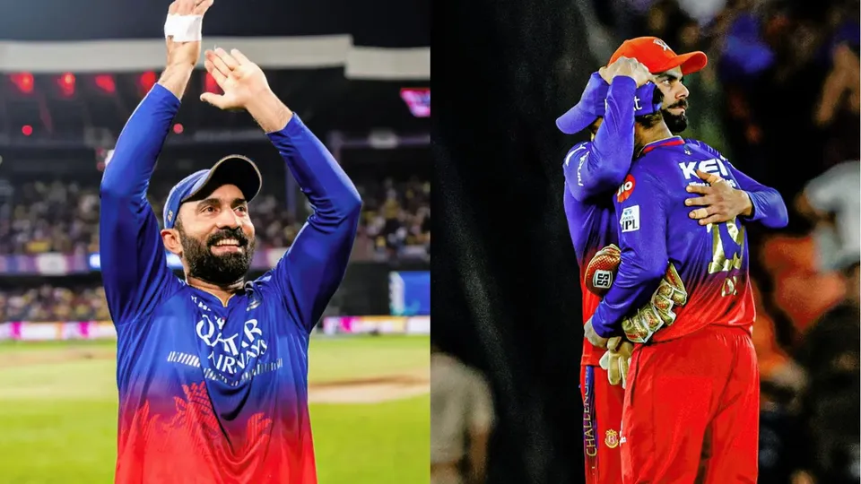 RCB's Virat Kohli and Dinesh Karthik after the Indian Premier League (IPL) 2024 T20 cricket match between Royal Challengers Bengaluru and Rajasthan Royals, at the Narendra Modi Stadium, in Ahmedabad, Wednesday, May 22, 2024