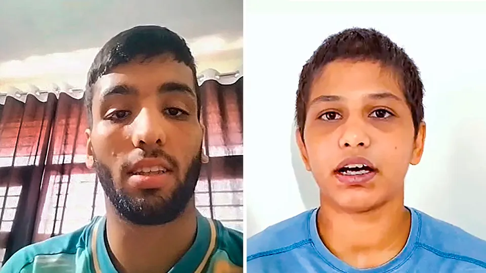 Combo photo of wrestlers Sujeet Kalkal (L) and Antim Panghal speaking on wrestlers Bajrang Punia and Vinesh Phogat's exemption from trials for Asian Games 2023
