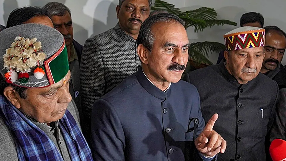 Himachal Pradesh Chief Minister Sukhvinder Singh Sukhu speaks with the media during the Budget session of the state Assembly, in Shimla