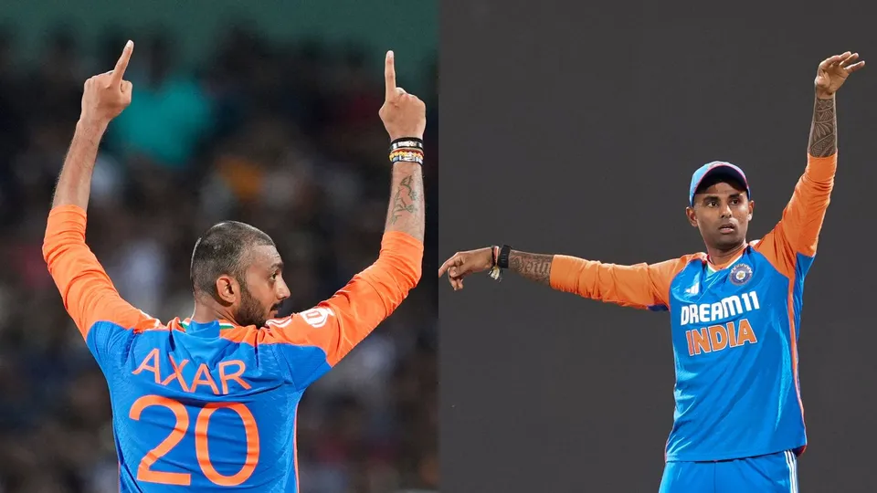 India's Suryakumar Yadav and Axar Patel during the first T20 International cricket match of a series between India and Sri Lanka at the Pallekele International Cricket Stadium, in Pallekele, Saturday, July 27, 2024.