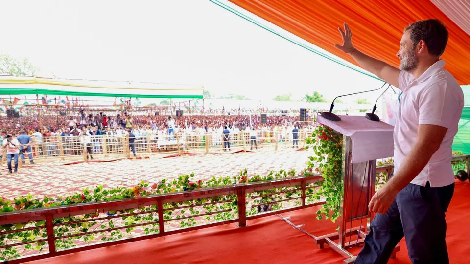Congress leader Rahul Gandhi during a public meeting ahead of Lok Sabha elections, in Bastar district, Saturday, April 13, 2024.