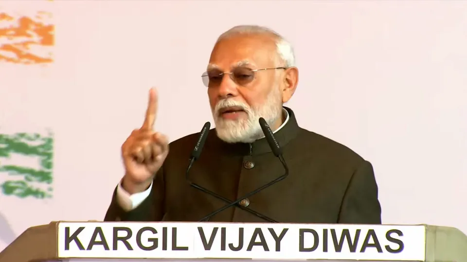 Prime Minister Narendra Modi speaks during a program to commemorate the 25th anniversary of the Kargil Vijay Diwas at the Kargil War Memorial, in Drass, Friday, July 26, 2024.