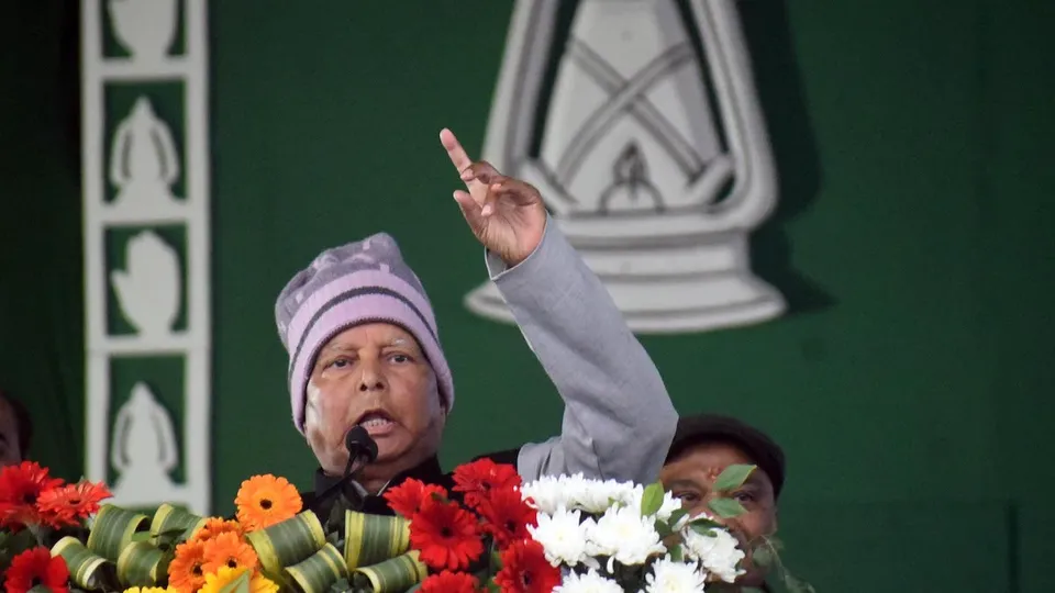 Lalu Prasad addresses the Jan Vishwas Rally in Patna on March 3, 2024