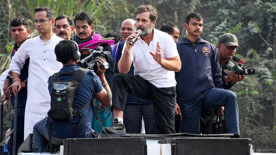 Congress leader Rahul Gandhi addresses supporters during the Bharat Jodo Nyay Yatra, in Guwahati