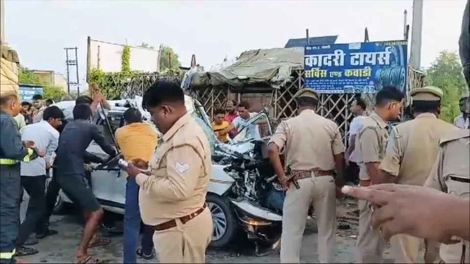A car collided with a stationary truck on the National Highway-2 in Etawah on Wednesday