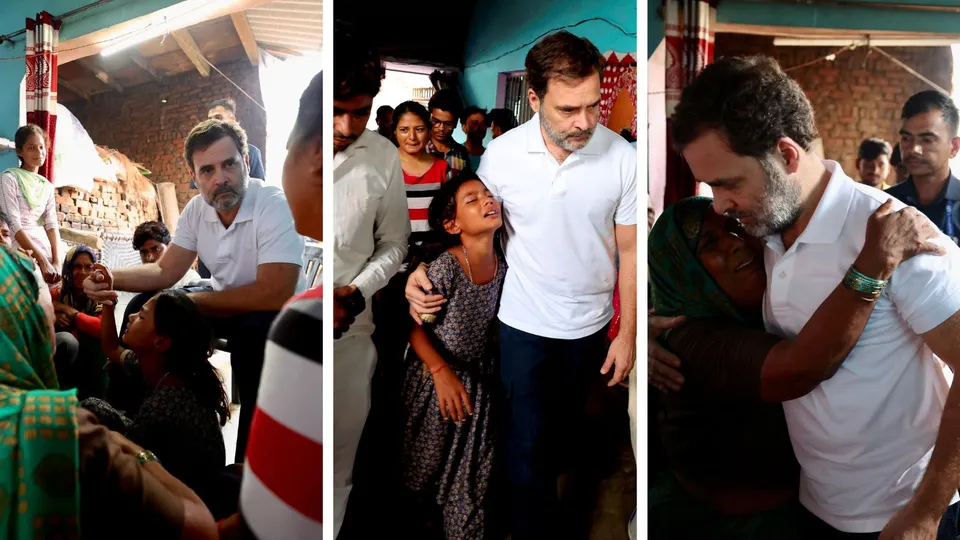 Congress leader Rahul Gandhi meets families of the victims of Hathras stampede incident, in Pilkhana village of Aligarh, Friday, July 5, 2024.