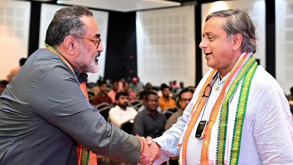 Union Minister & BJP candidate Rajeev Chandrasekhar with Congress candidate Shashi Tharoor during a function, ahead of the Lok Sabha elections, in Thiruvananthapuram