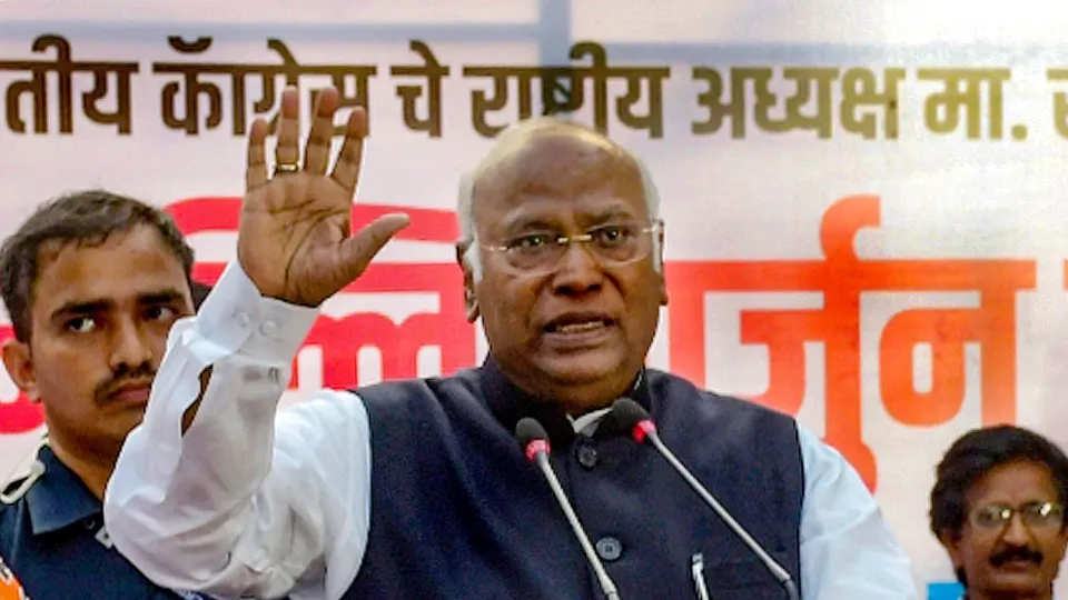 Congress President Mallikarjun Kharge speaks during a public meeting ahead of the Lok Sabha elections