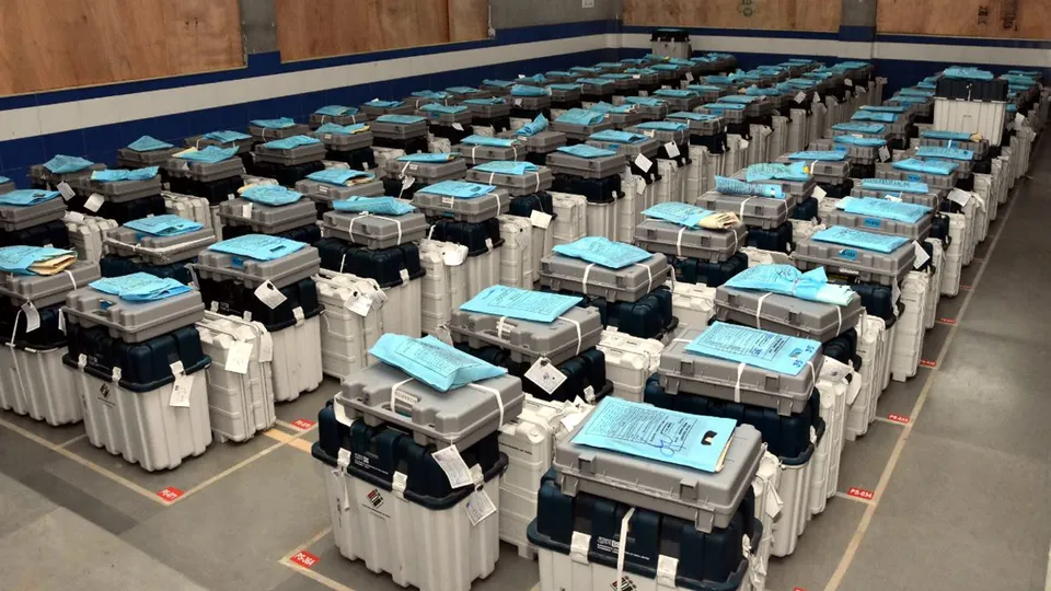 EVMs in a strong room as counting of votes for Karnataka Assembly polls is underway at a centre in Hubballi