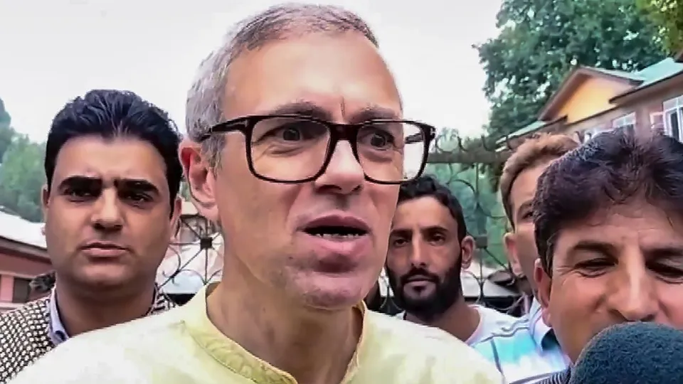 JNKC Vice President Omar Abdullah speaks to media, in Anantnag district, Tuesday, Aug. 27, 2024.