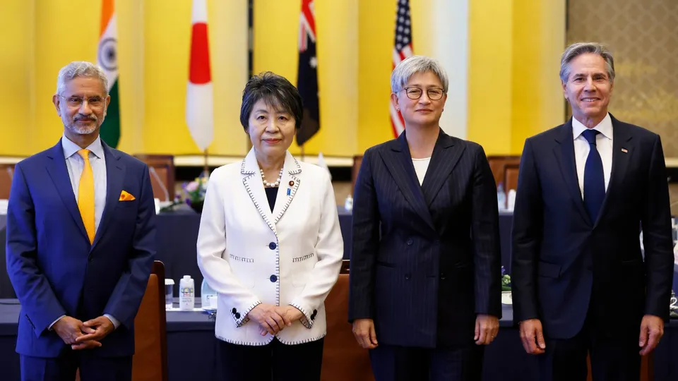 (L-R) S Jaishankar, Yoko Kamikawa, Penny Wong, and Antony Blinken, pose for a photograph prior to the Quadrilateral Security Dialogue (Quad) ministerial meeting in Tokyo, Japan, 29 July 2024.
