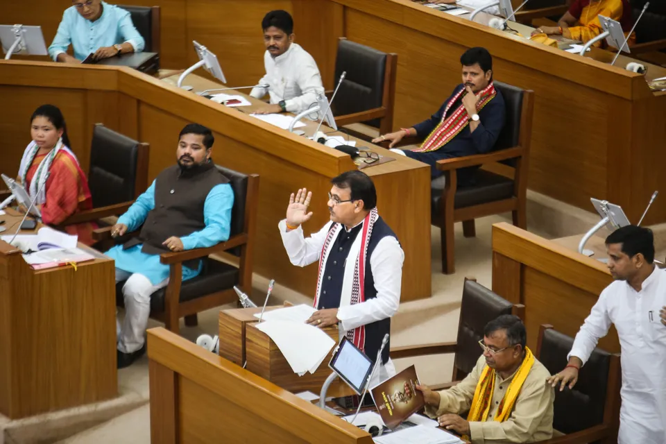 Tripura Finance Minister Pranjit Singha Roy presents the state budget in the Assembly, in Agartala