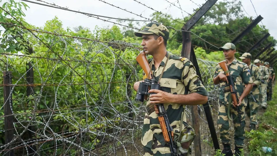 Border Security Force (BSF) personnel patrol along the India- Bangladesh fencing in Nischinta Pur area in response to the ongoing anti-quota protests in the neighboring country of Bangladesh, near Agartala, Monday, July 22, 2024.