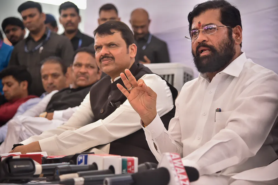 Maharashtra Chief Minister Eknath Shinde with Deputy Chief Minister Devendra Fadnavis interacts with media during his visit to Navi Mumbai International Airport, in Mumbai