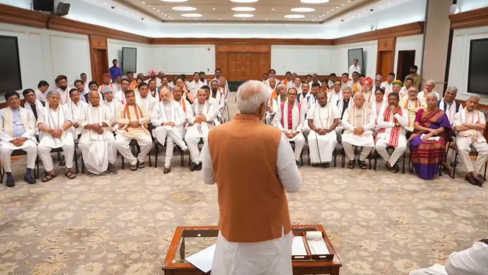 Prime Minister-designate Narendra Modi with NDA leaders during an interaction over tea, in New Delhi, Sunday, June 9, 2024.