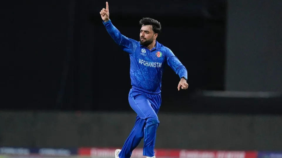 Afghanistan's captain Rashid Khan after dismissing Bangladesh's Soumya Sarkar during the men's T20 World Cup cricket match