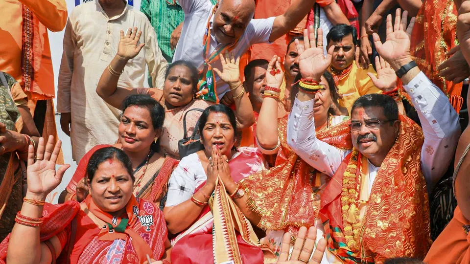 Union Minister and BJP candidate from Sambalpur constituency Dharmendra Pradhan with others before filing nomination for the Lok Sabha elections, in Sambalpur district