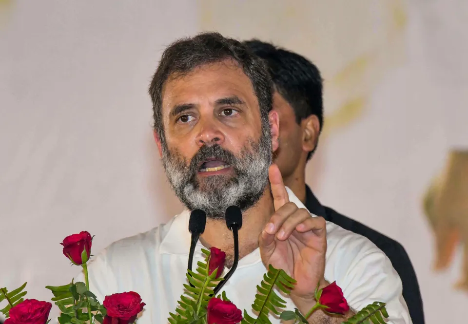 Congress leader Rahul Gandhi addresses during a felicitation function at Sadaqat Ashram, in Patna