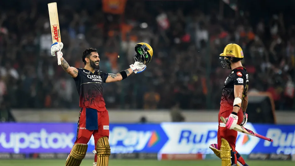 Virat Kohli celebrates his century during the IPL 2023 cricket match between Sunrisers Hyderabad and Royal Challengers Bangalore at Rajiv Gandhi International Cricket Stadium on May 18