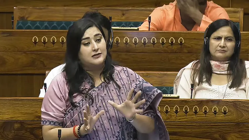 BJP MP Bansuri Swaraj speaks in the Lok Sabha during the Monsoon session of Parliament, in New Delhi, Monday, July 29, 2024.