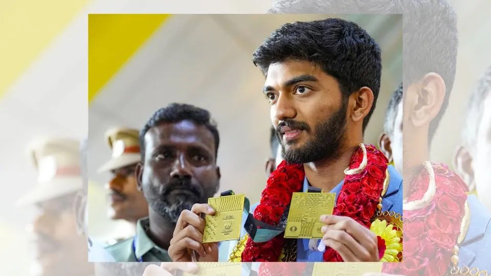 Chess Grandmaster D Gukesh being welcomed upon his arrival at the Chennai Airport after winning the gold medal at the 45th Chess Olympiad, in Chennai, Tuesday, Sept. 24, 2024