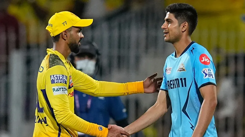 Chennai Super Kings' player Mahendra Singh Dhoni shakes hand with Gujarat Titans' Shubman Gill after winning the Indian Premier League (IPL) 2024