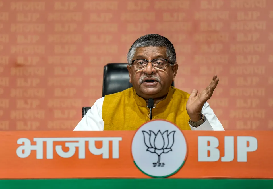 Senior BJP leader Ravi Shankar Prasad addresses a press conference at BJP headquarters, in New Delhi