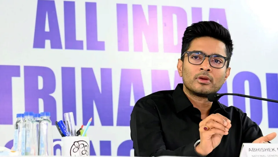 Trinamool Congress (TMC) General Secretary Abhishek Banerjee addresses the party’s elected representatives in preparation for the upcoming Lok Sabha elections during a virtual meeting