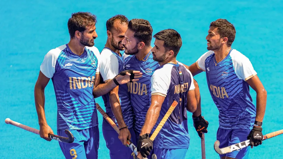 India's captain Harmanpreet Singh celebrates with teammates after scoring a goal during the Pool B hockey match between India and Ireland at the 2024 Summer Olympics, in Paris, France, Tuesday, July 30, 2024.